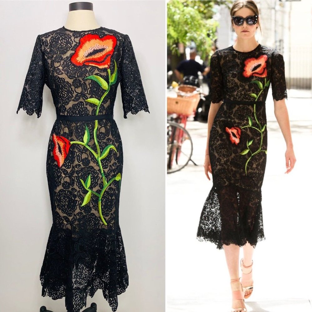 NWT LELA ROSE sz 4 Floral Embroidery Crotchet Fit&Flare Midi Evening Dress $2995